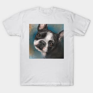 Contemporary Painting of a Cute Boston Terrier on Blue Background T-Shirt